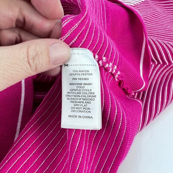 Ribbed Knit Asymmetrical Shoulder V Neck Colorblock 80s Inspired Pink Sweater L - Picture 6 of 10